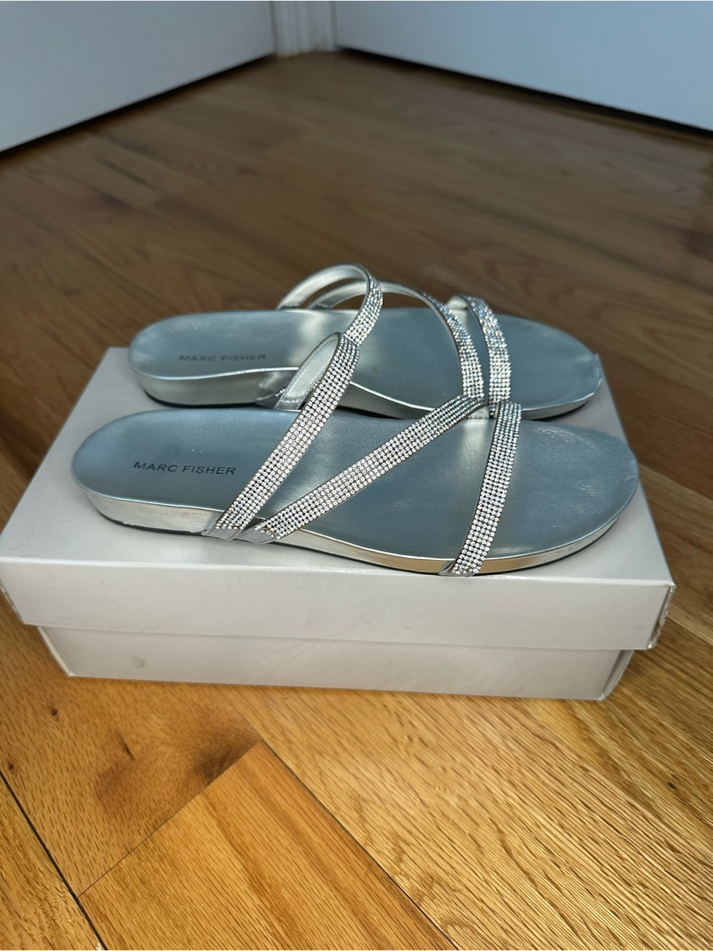 Marc Fisher Silver Rhinestone Strappy Slide Sandals